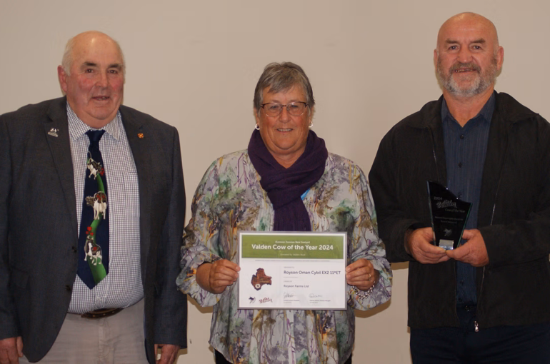 HFNZ Patron Denis Aitken with 2024 Valden Cow of the Year breeders Kath and Eddie Lambert