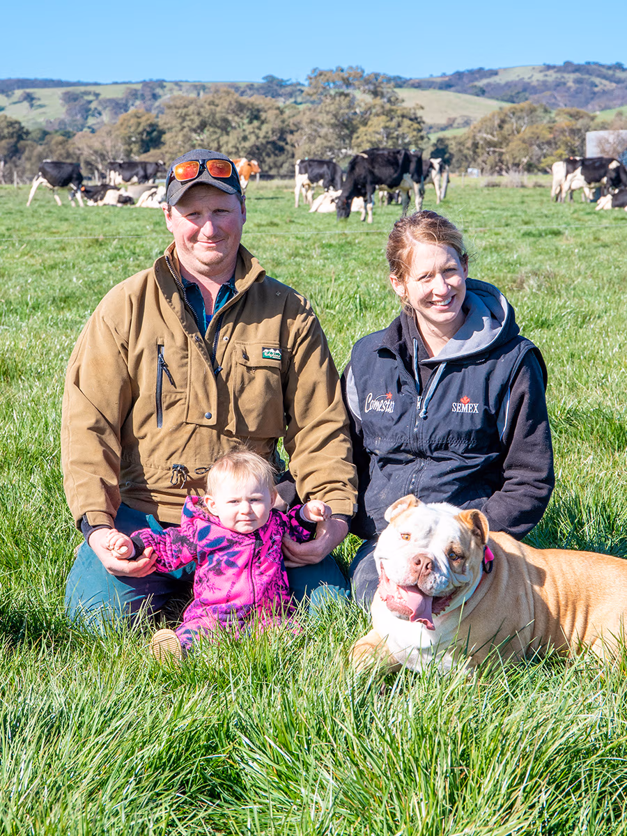Rob, Bec and Tahlia Walmsley on farm in Fleureu, South Australia