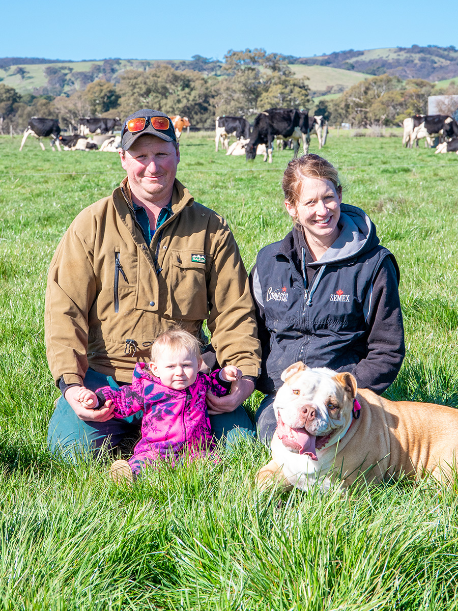 Rob, Bec and Tahlia Walmsley on farm in Fleureu, South Australia Rob, Bec and Tahlia Walmsley on farm in Fleureu, South Australia
